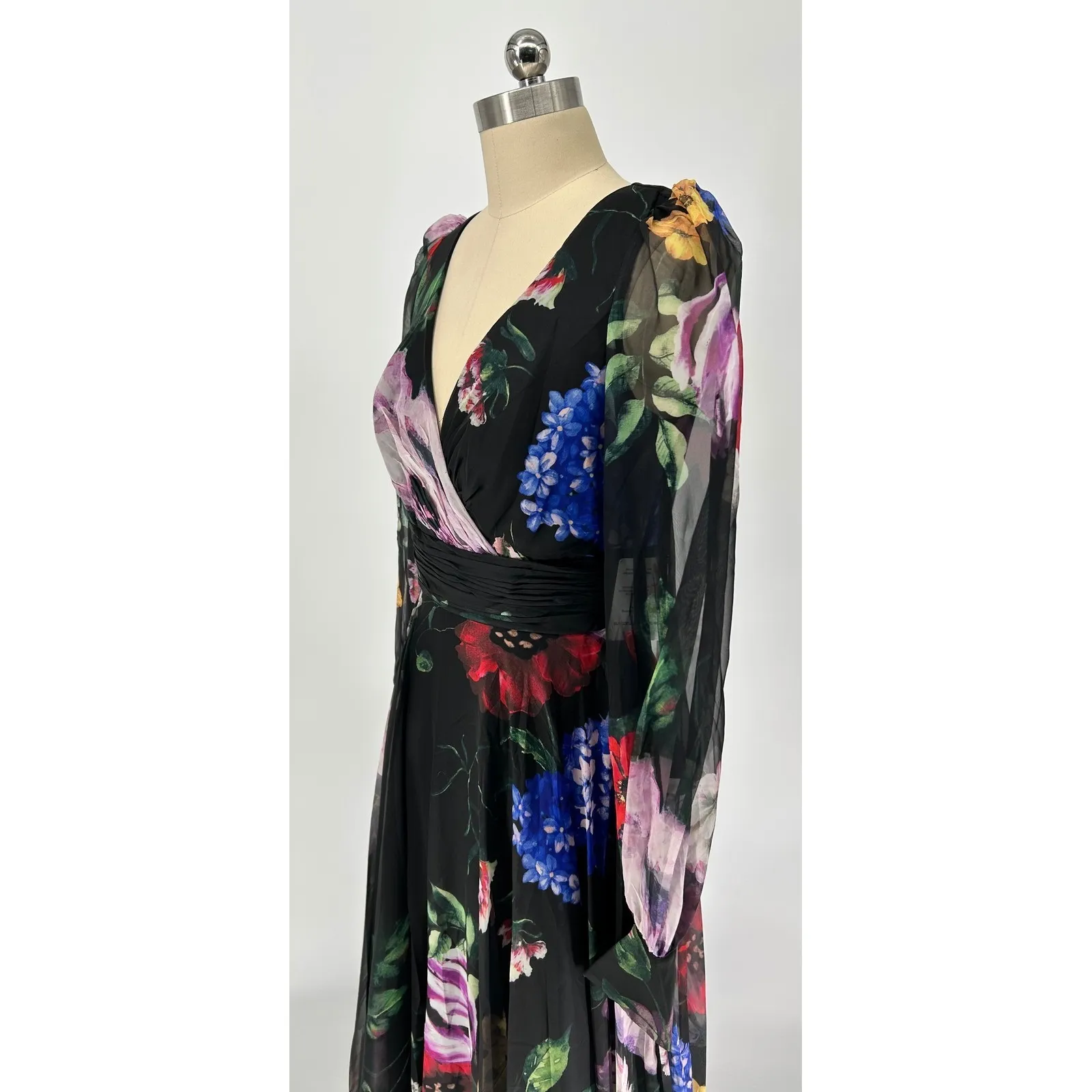 NWT  Mac Duggal 67872 Black‎ Chiffon BishopSleeve Floral Print Gown Sz 6 $598 - Image 7