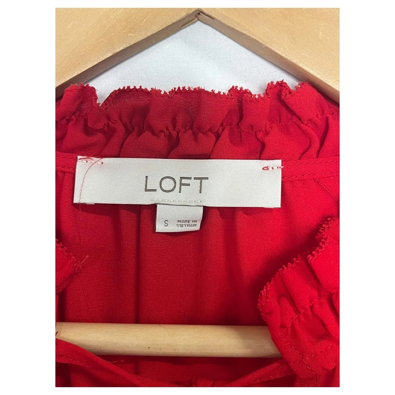 LOFT Blouse Womens Small Red Ruffle Peplum Long Sleeve Top Keyhole Holiday Sheer - Image 3