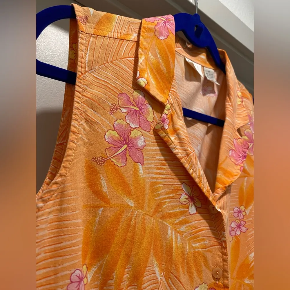 VTG  Orange & Pink Tropical Floral Print Sleeveless Button-Up Blouse Top - Image 6
