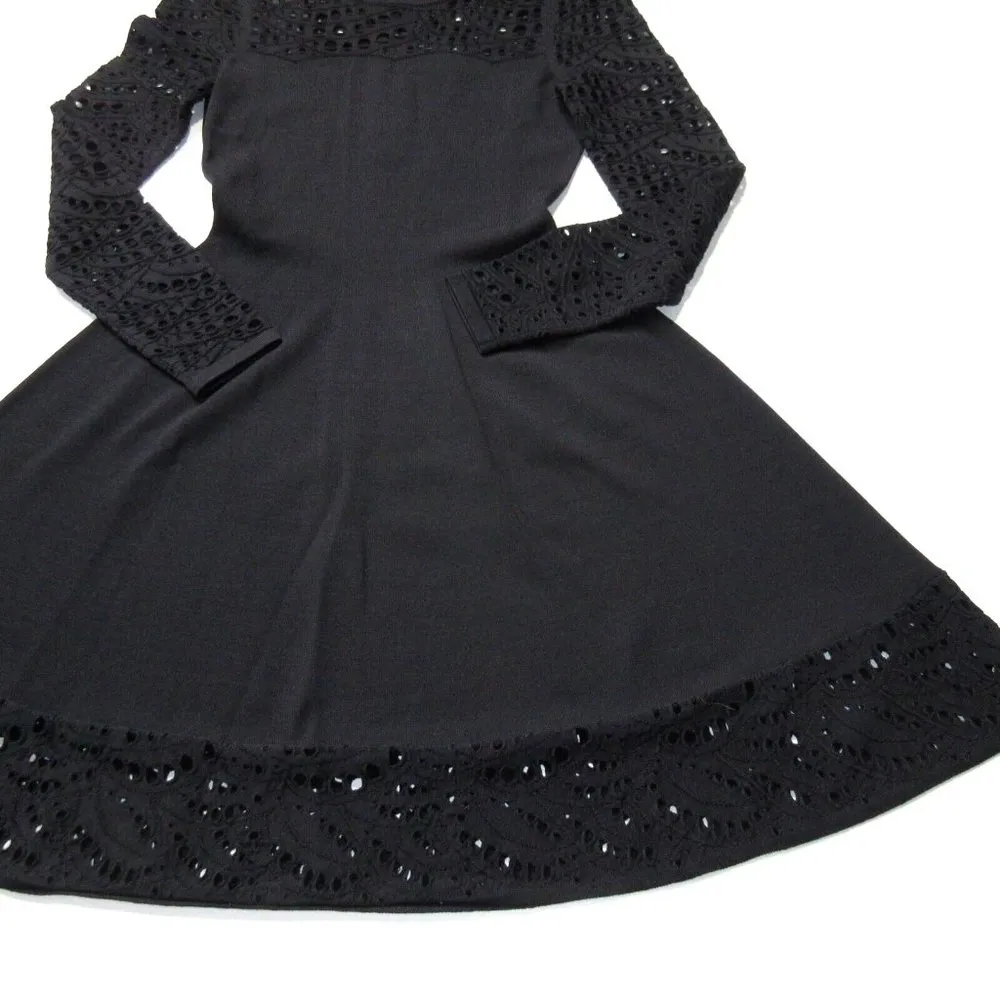 NWT Milly Lace Pointelle Fit & Flare in Black Long Sleeve Stretch Knit Dress P - Image 3