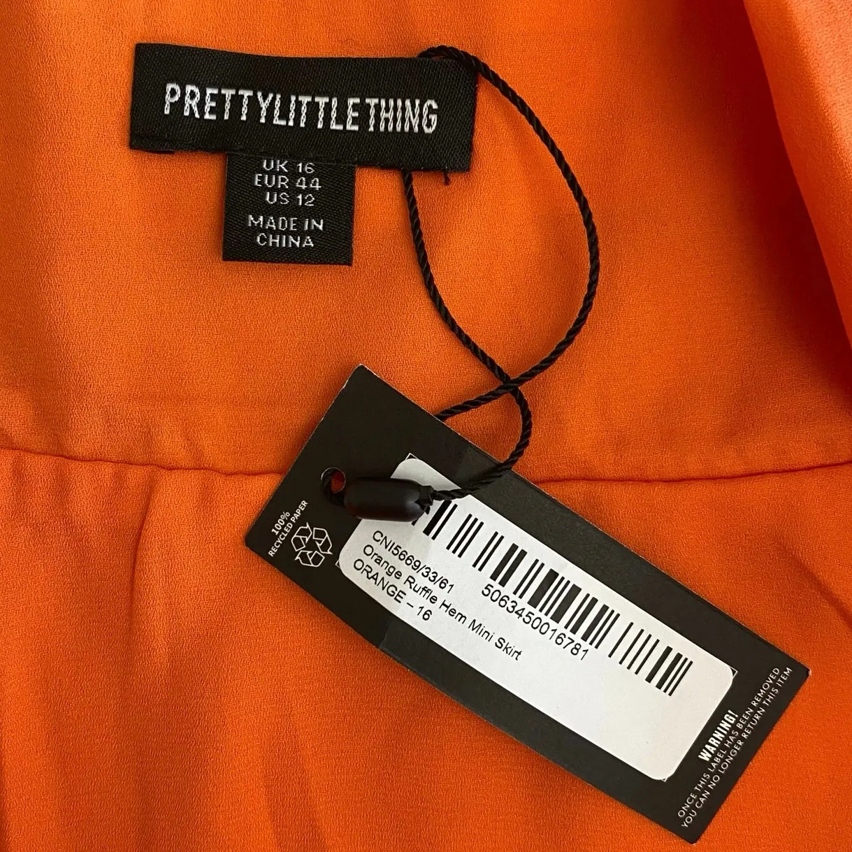 Pretty Little Thing NWT Orange Ruffle Hem‎ Mini Skirt Womens Size 12 - Image 2