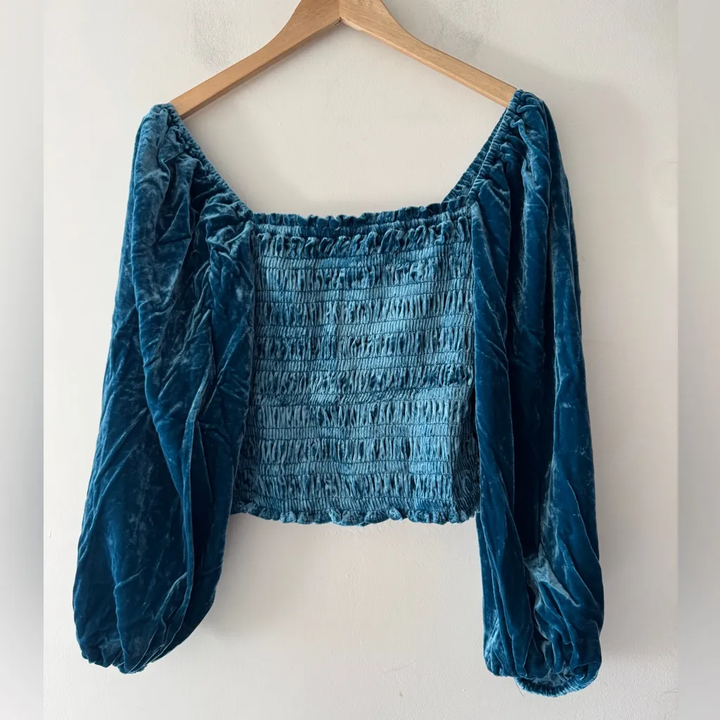Anthropologie Smocked Puff Sleeve Blue Velvet Square Neck Long Sleeve Top - Image 2