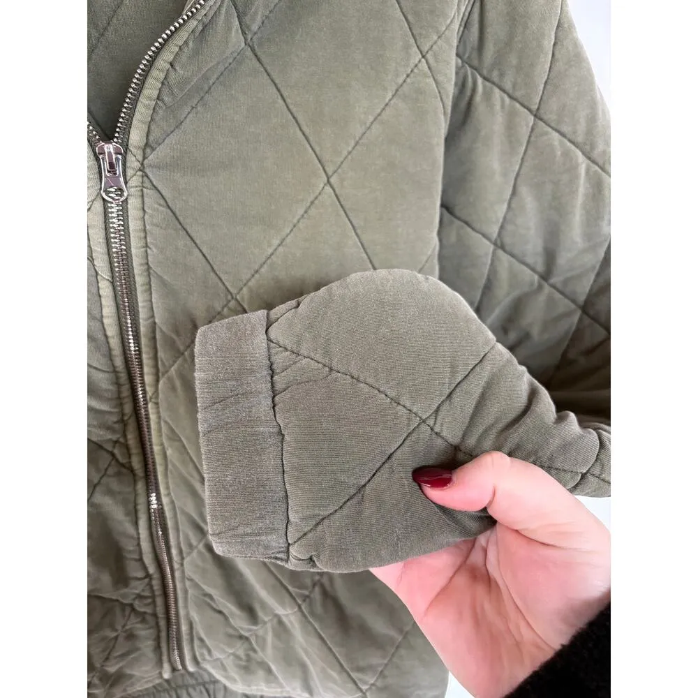 Quilted Olive Sage Green Jacket Moto Bomber Cozy Camping Oversized Womens XS - Image 6