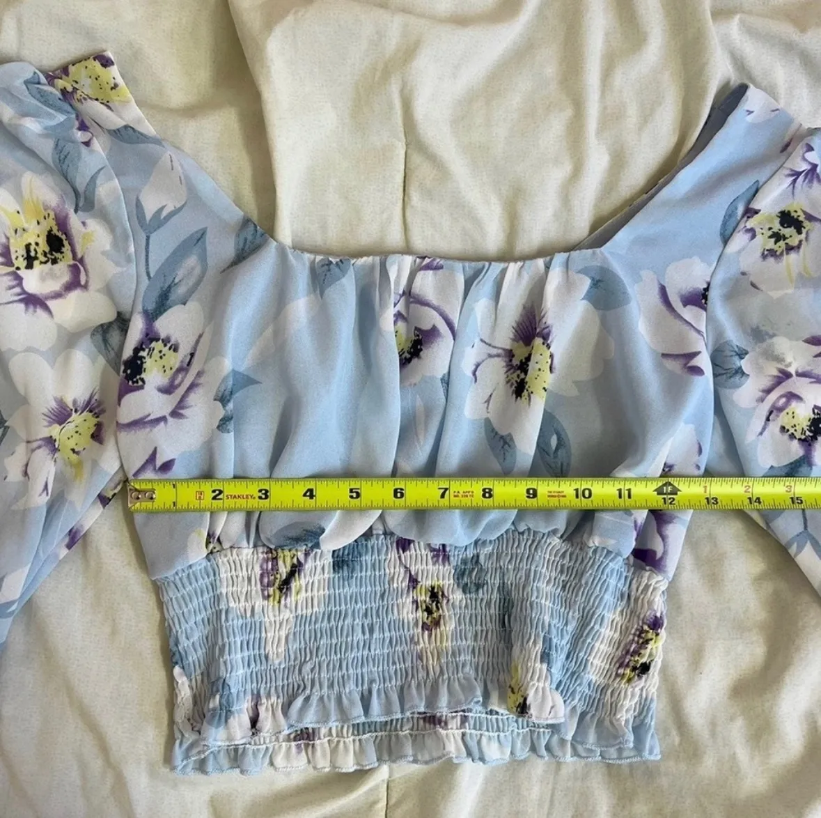  Blue Floral Chiffon Long Sleeve Ruffle Sleeve Top Size Medium - Image 7