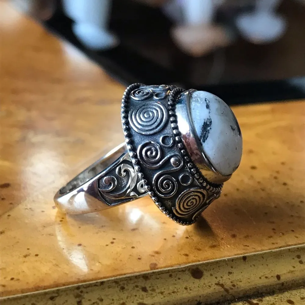 Genuine White Buffalo Turquoise Sterling Silver Cocktail Ring Size 7 - Image 9