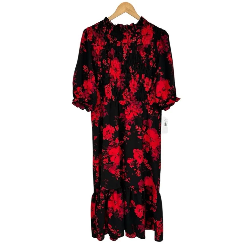 London Times Floral Puff Sleeve Smocked Tiered Midi Dress size 12 Black/Wine Red - Image 3