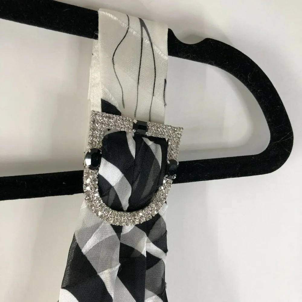 ABS Allen Schwartz Maxi Dress Formal Low Back V Neck Silk Blend Black White 12 - Image 3