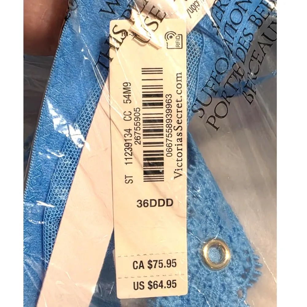 Victoria's Secret Very Sexy Rose Lace & Grommet Push-Up Bra Capri Blue 36F NEW - Image 8