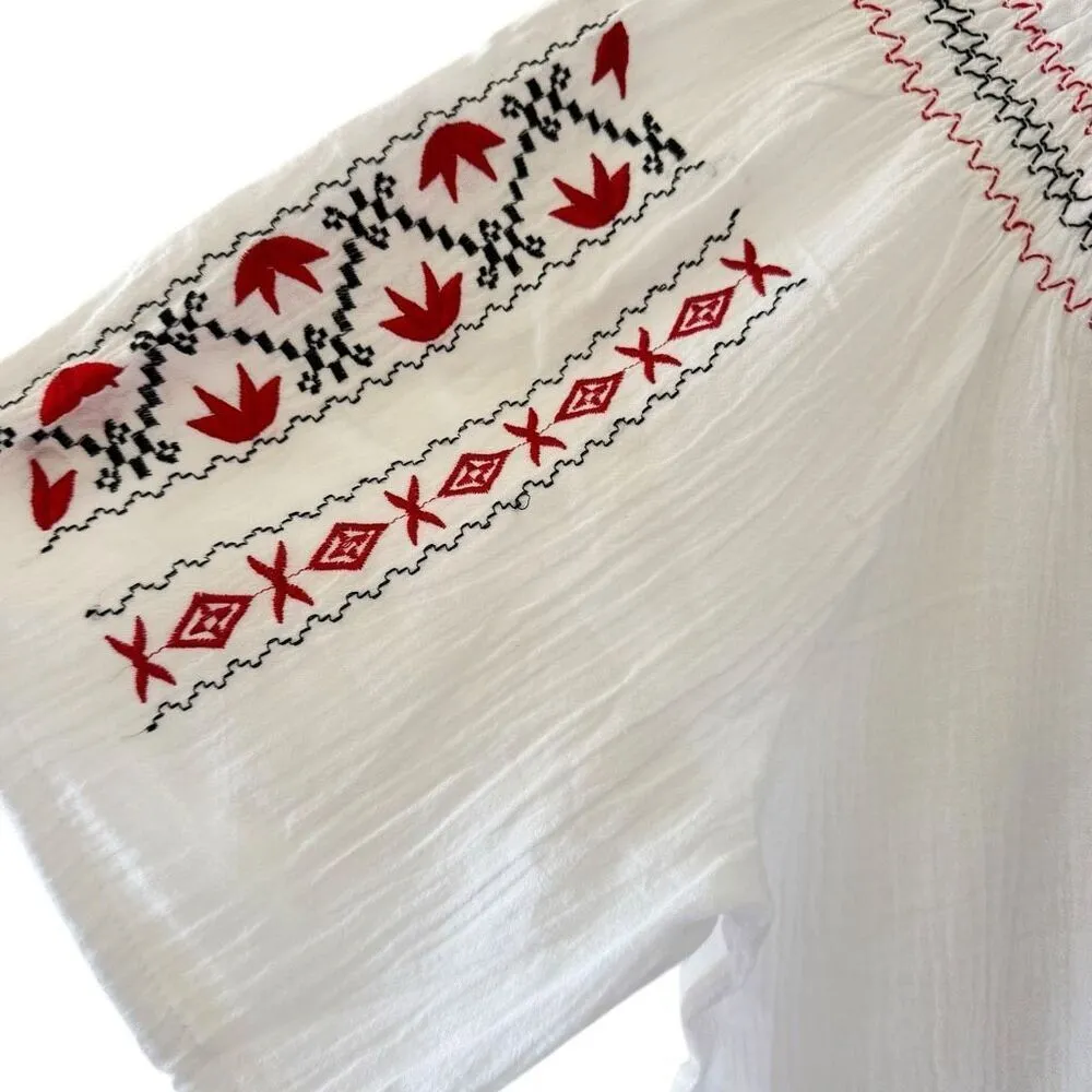 Ouwei White Red Black Embroidered Ethnic Festival Blouse SZ XL #2488 - Image 3