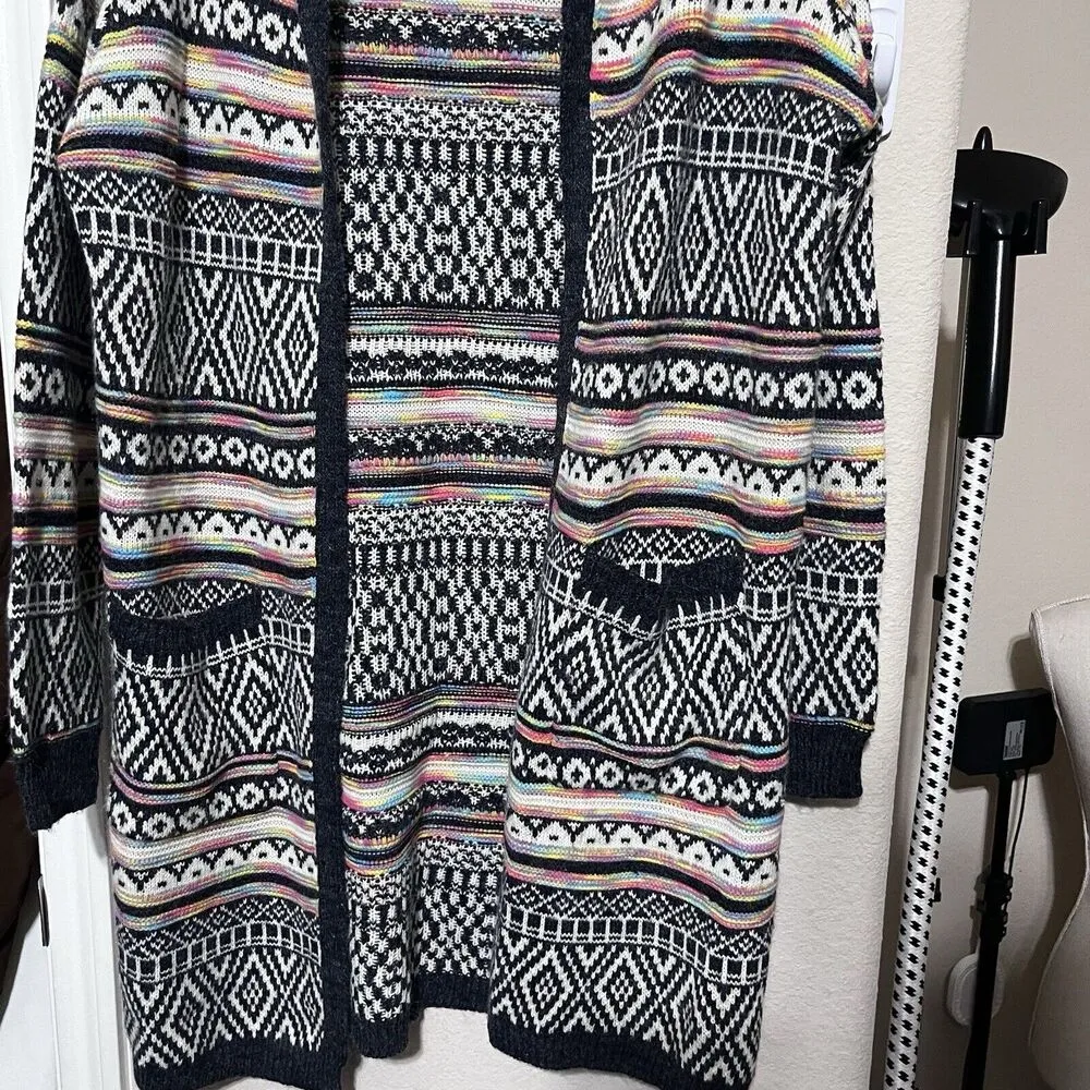 Monteau  Open Front Hoodie Cardigan Sweater Womens M Multicolor Aztec Duster Long - Image 2