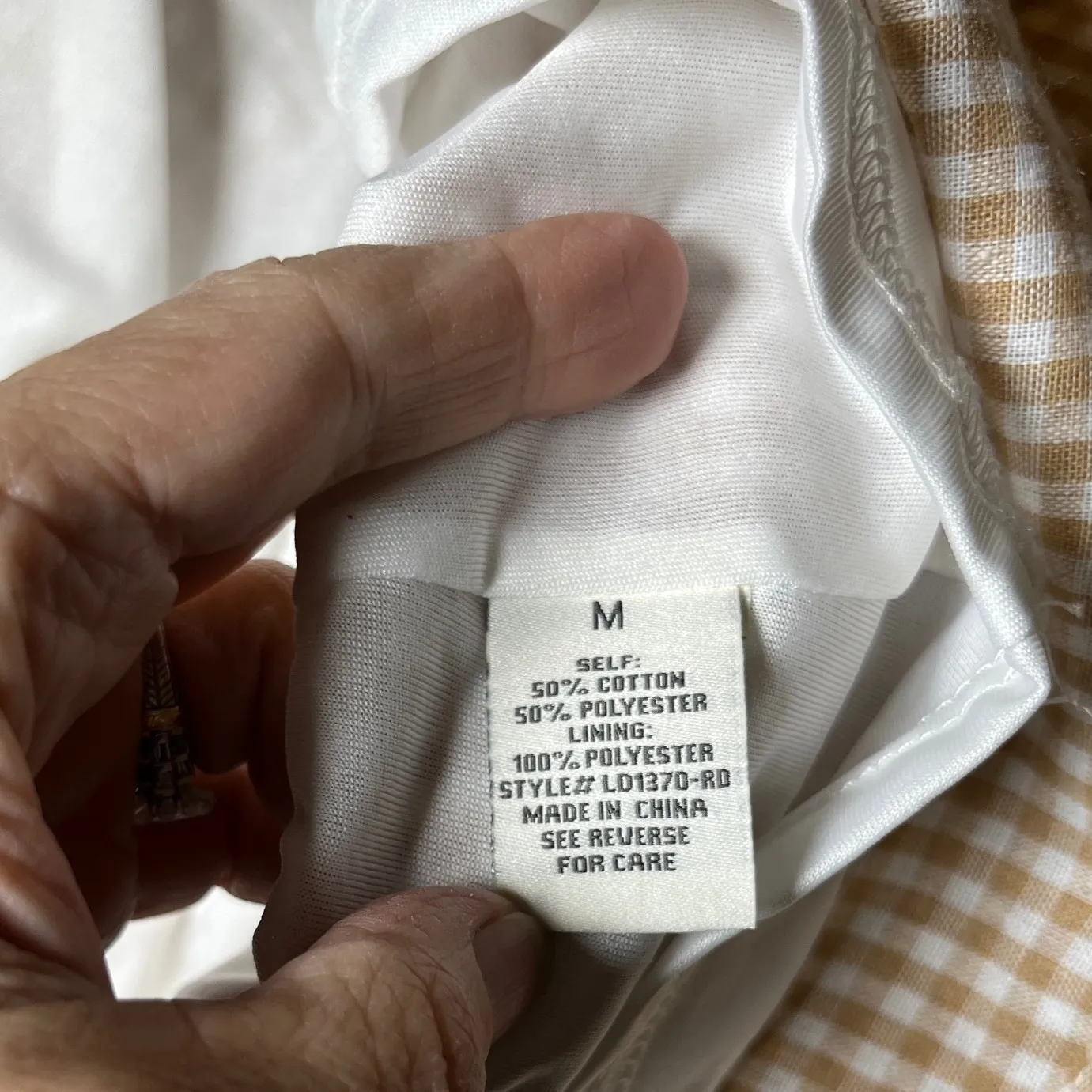 AURA Gingham Smocked Square Neck Midi Dress Beige White Puff‎ Sleeve Belted M - Image 8