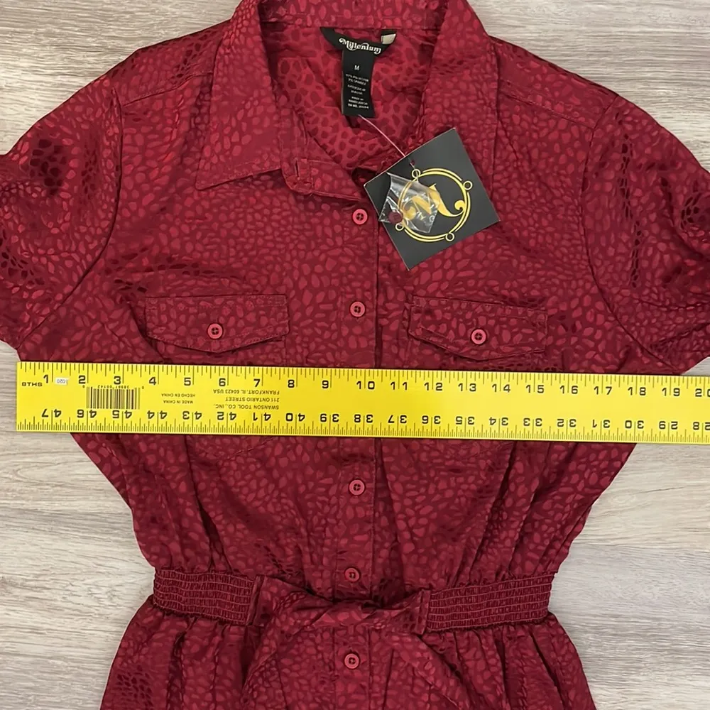 NWT Millennium Red Silky Short Sleeve Elastic Tie Waist Midi Dress Size Medium - Image 13