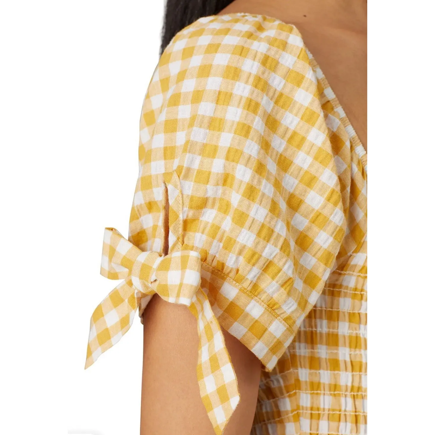 LeRumi Sienna Plaid Milk Maid Western Romper Women XS Yellow Peasant Prairie - Image 7