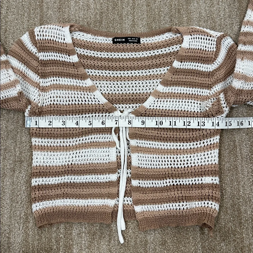 SHEIN Brown White Stripe Beach Longsleeve Kit Sweater Cropped Cover Up Women 4 - Image 3