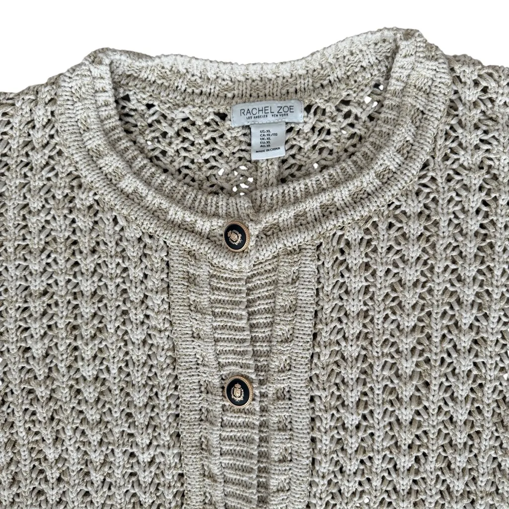 Rachel Zoe Sweater Womens XL Tan Gold Metallic Open Knit Cardigan Crest Buttons - Image 3