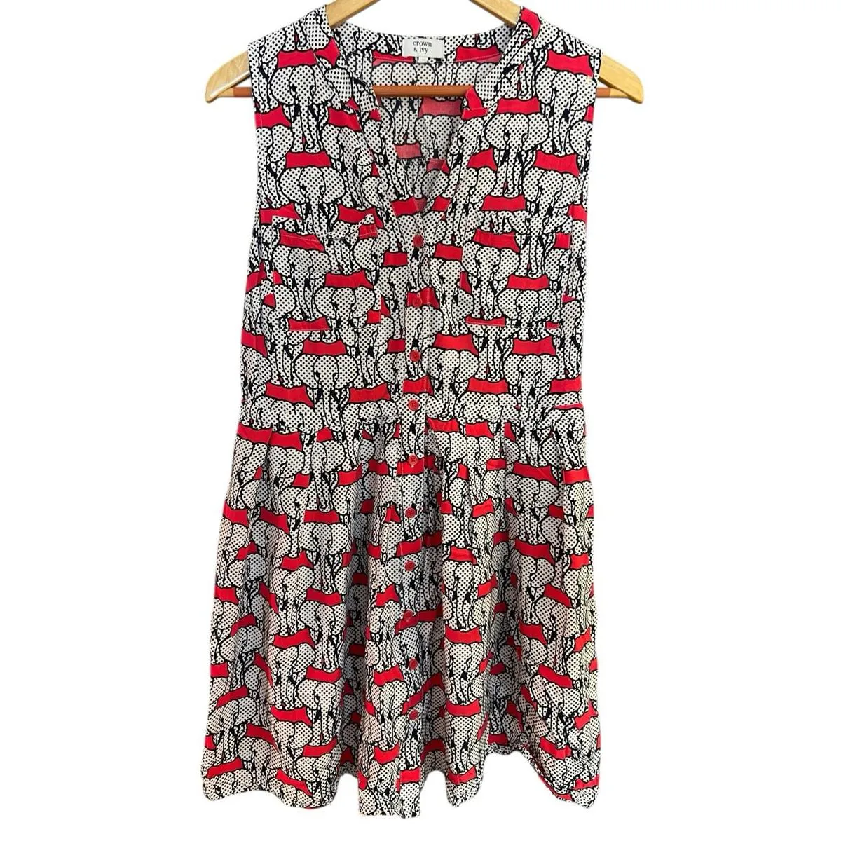 Crown & Ivy Red Polka Dot Elephant Print Sleeveless Button Dress Women’s 12 - Image 2