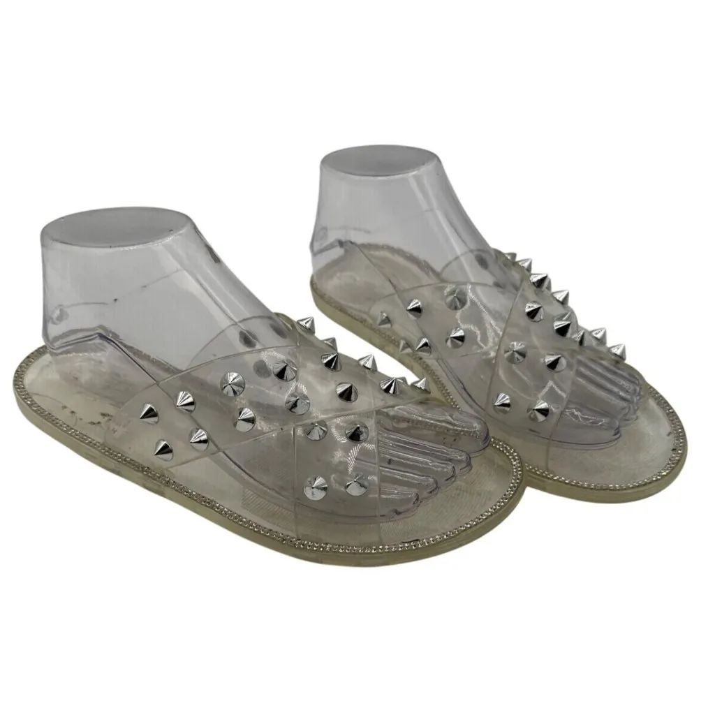 Wide Diva Lounge 8 Clear Jelly Slide Silver Studs Rhinestone Trim Footwear - Image 2