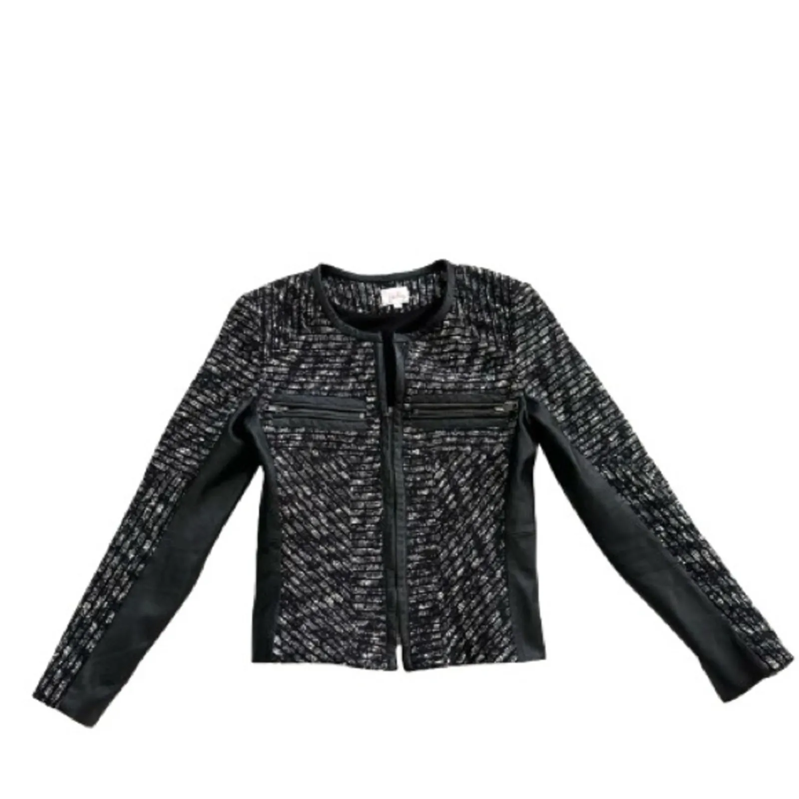 Parker Jacket Blazer Nolita Black White Tweed Lambs Leather Collarless Small - Image 14