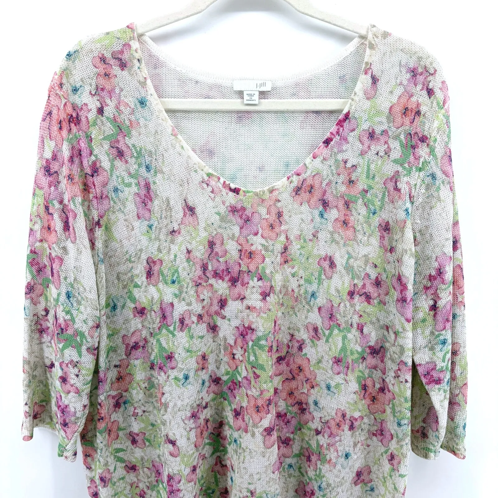 J Jill Linen Blend Floral Knit 3/4 Sleeve Sweater Top Women's 1X Cottage Coastal - Image 2