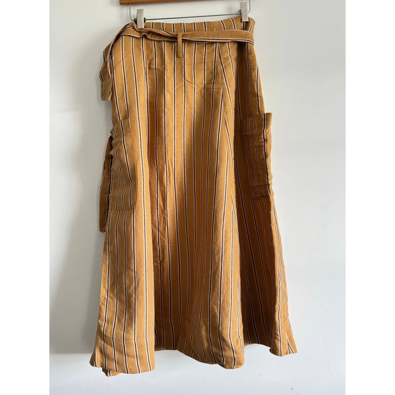 Zara Woman Mustard Brown Striped Midi Skirt Linen Blend Belted High Waist Size M - Image 2