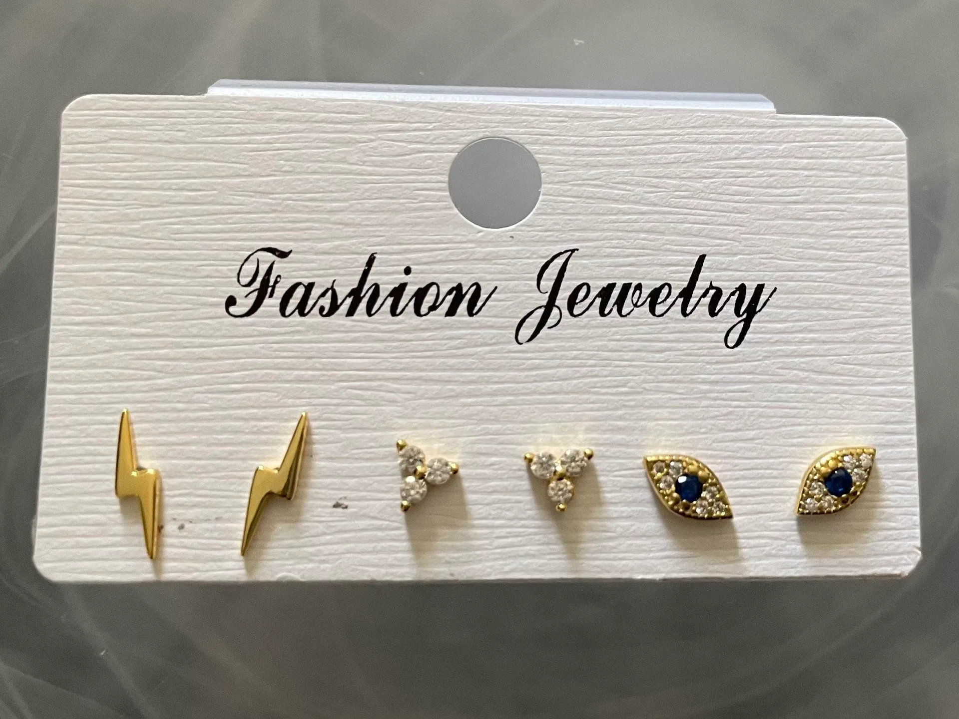 Set Of 3 Pairs / Evil Eye Studs + Lighting Studs +CZ Studs Gold - Image 2