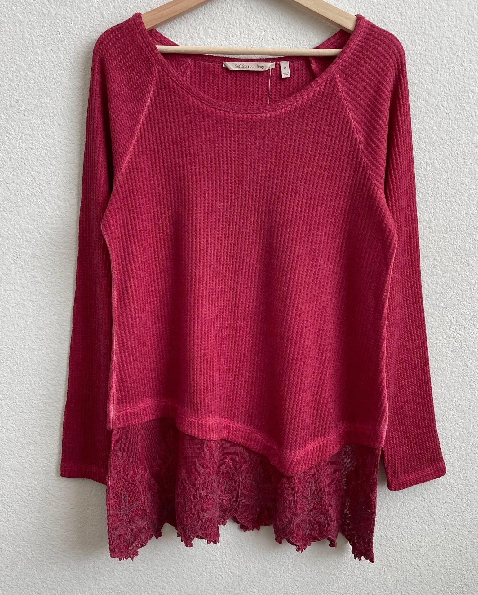Soft Surroundings Ruby Red Jasmin Thermal Waffle Knit Lace Hem Long Sleeve Tunic - Image 2