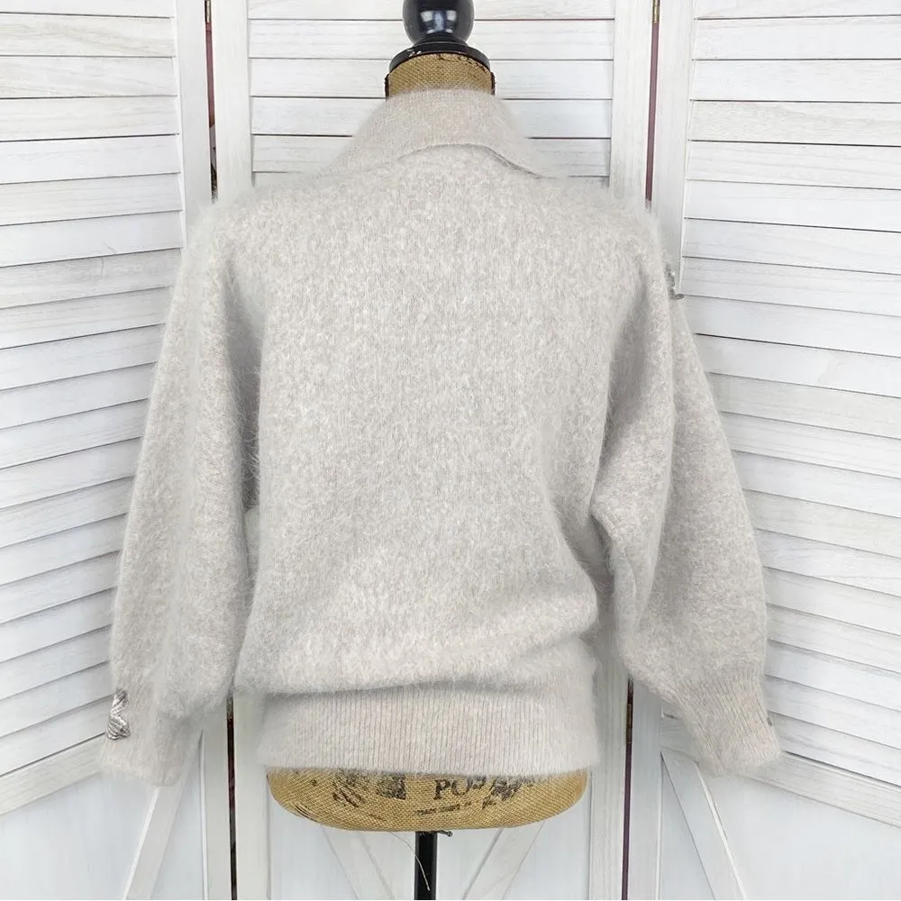 Vintage Su Lim Floral‎ Embroidered Angora Sweater Taupe Pearl Embellished PM Tan Size undefined - Image 4