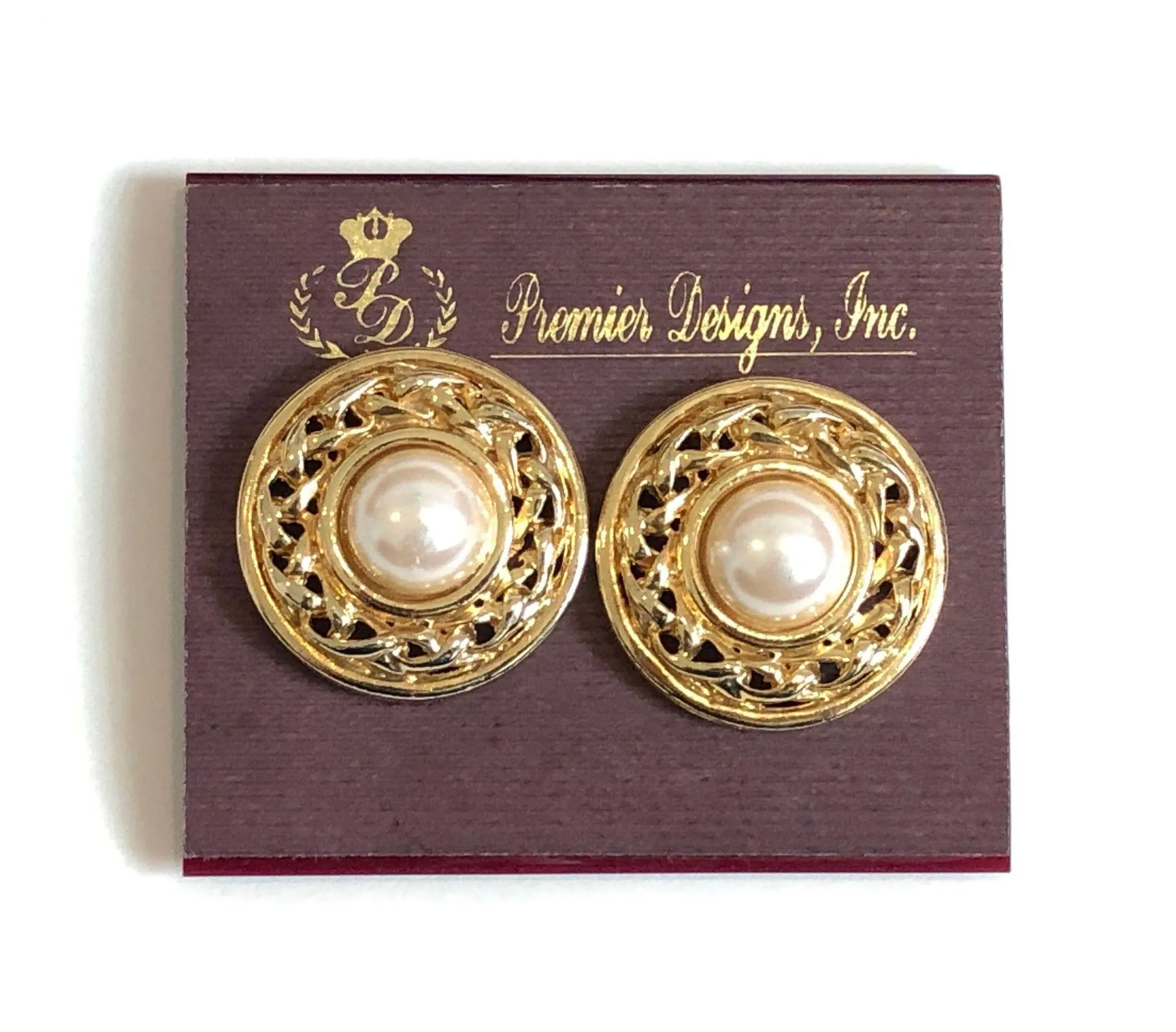 “Pearl Mesh” Clip On Earrings Gold Tone Frame Faux Pearls - Image 1