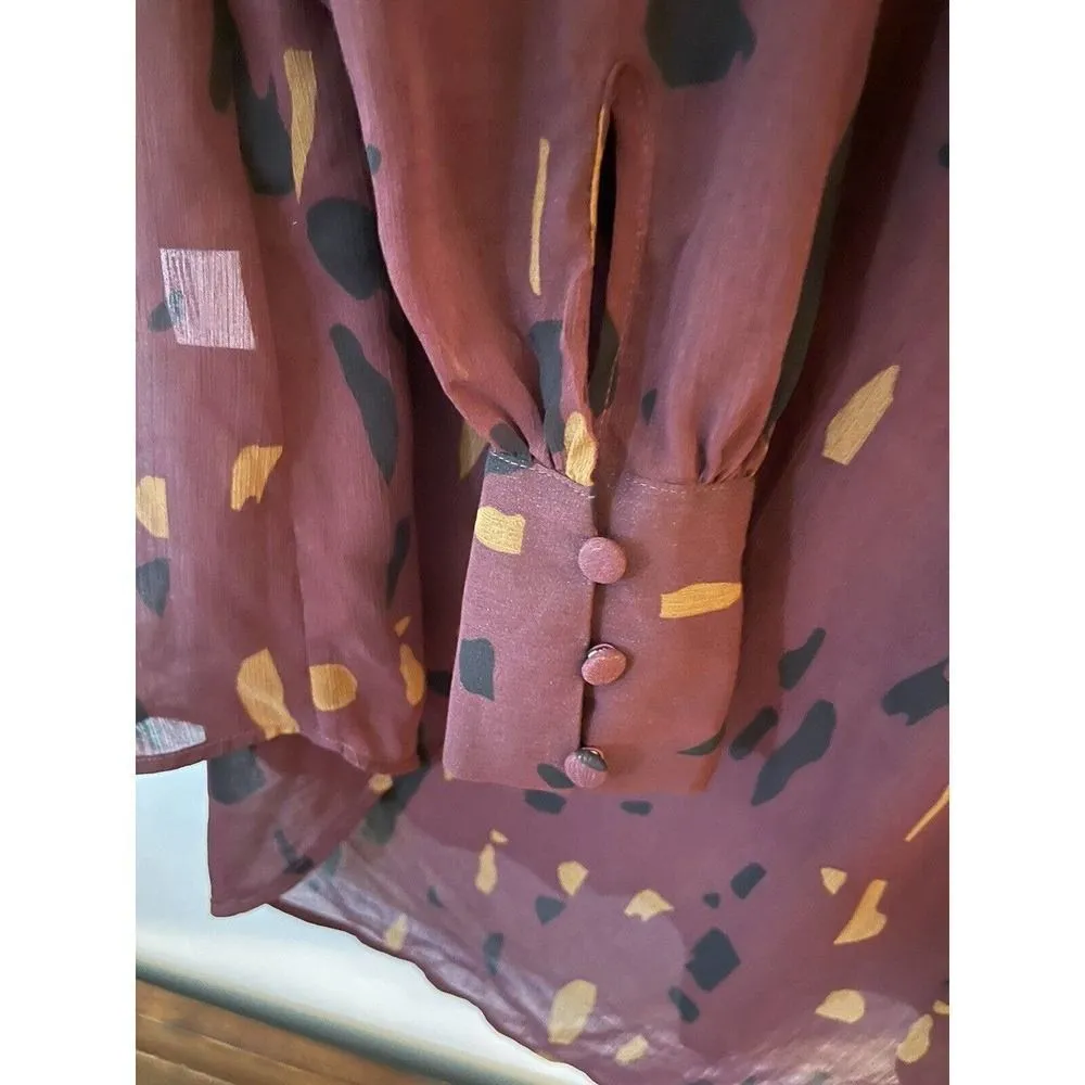 Nine West Womens Small Shirt Long Sleeve Button Down Wine Printed Semi Sheer NEW - Image 3