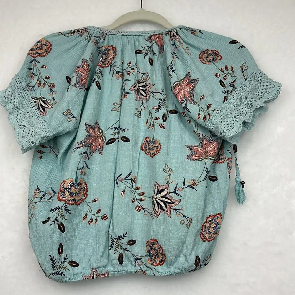 Crop Top floral Print Elastic Waist V-Neckline Sz XXS Bell Sleeves - Image 5