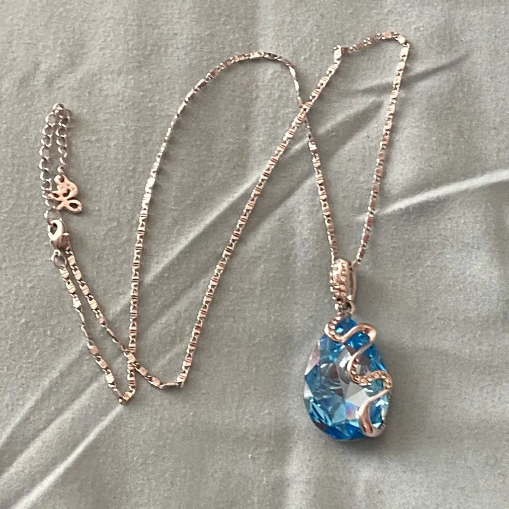 18” 20” Necklace Blue Beveled Crystal Teardrop Pendant 1.25” H Silver Design - Image 5