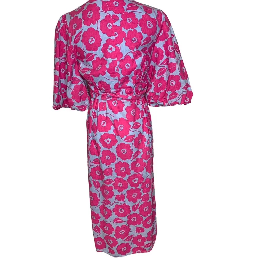 Charter Club Pink Blue Mod Floral Pattern Wrap Dress Linen Blend Small Petite - Image 2