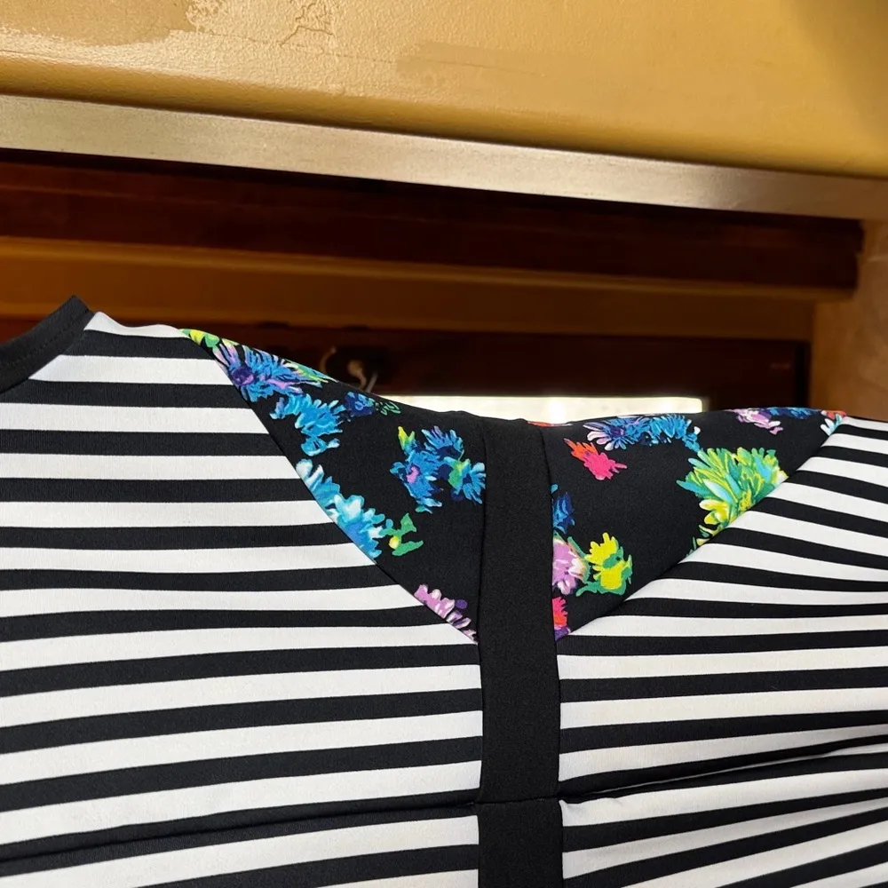 Nicole by Nicole Miller Black & White Stripe Floral Scuba Dress Size Small - Image 7