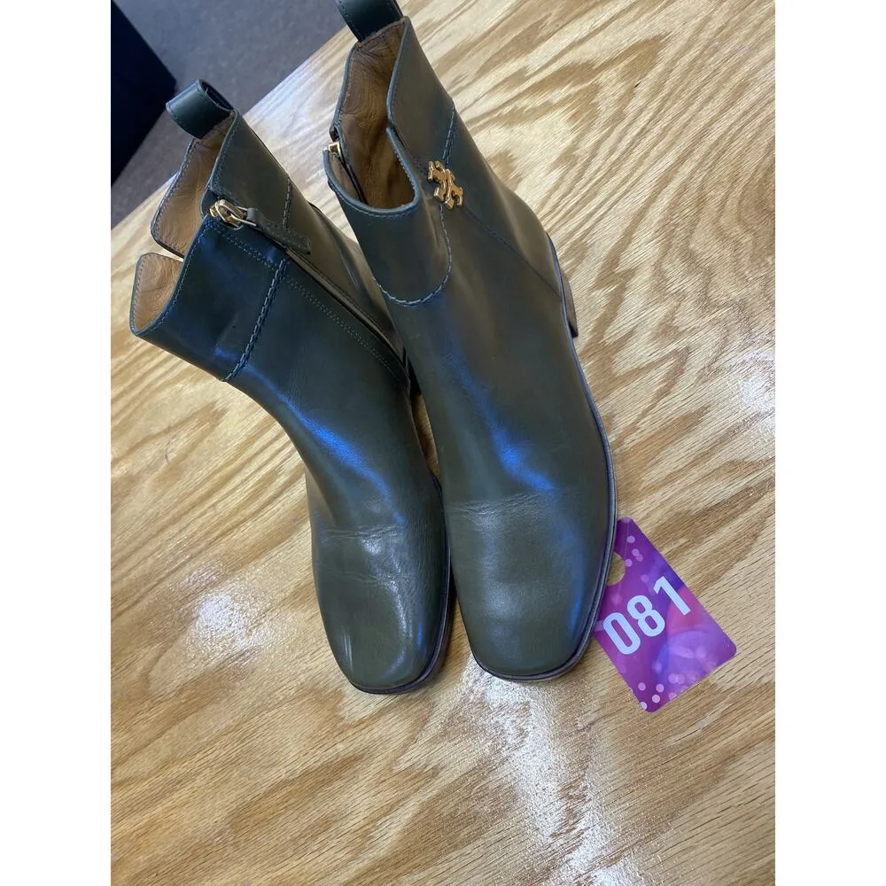 Tory Burch Everly Bootie  6.5 Green Leather Side Zip Square Toe Flat Boots - Image 2