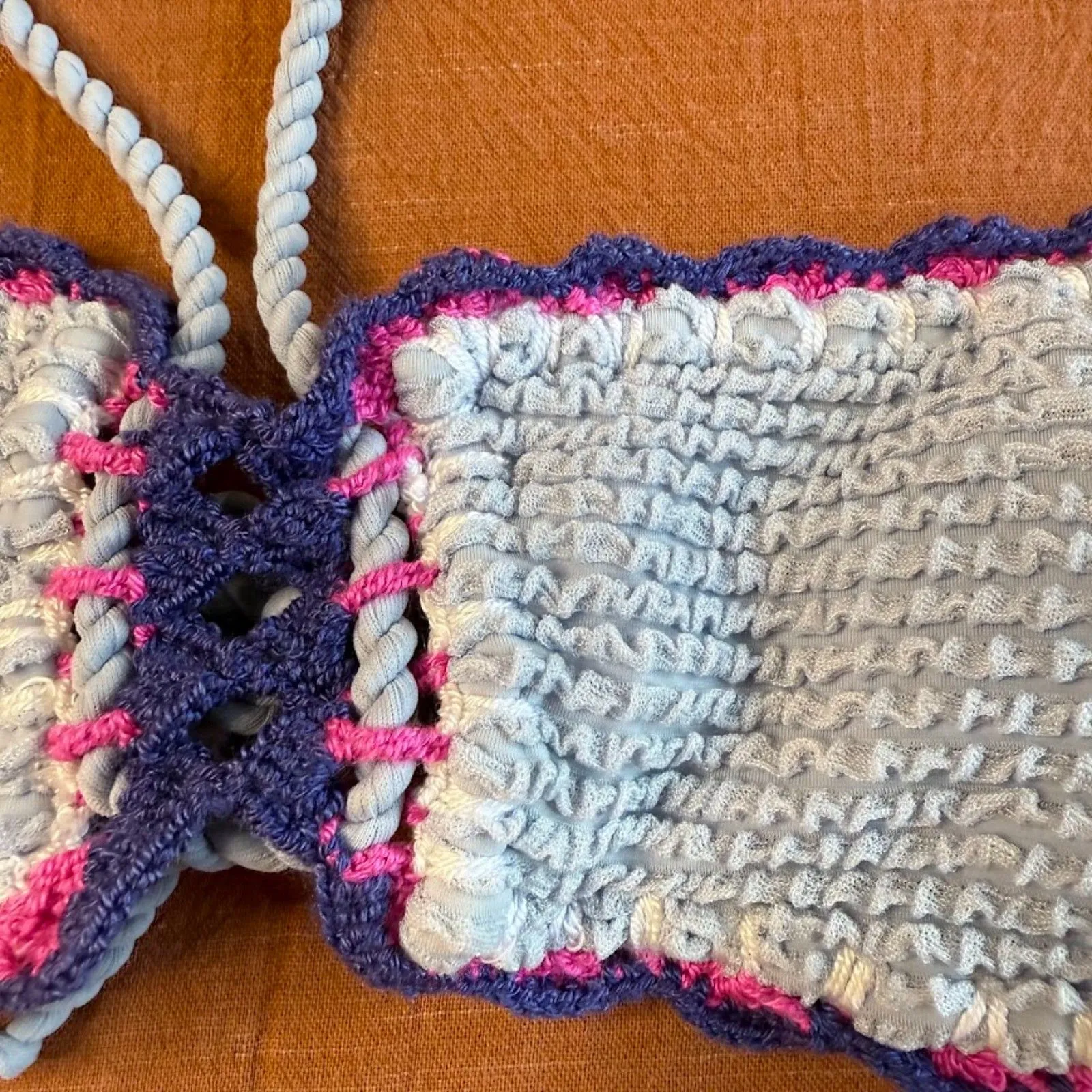 DESPI BR Fancy Crochet Bandeau Bikini Top in Light Blue Purple & Pink size M NWT Size M - Image 4