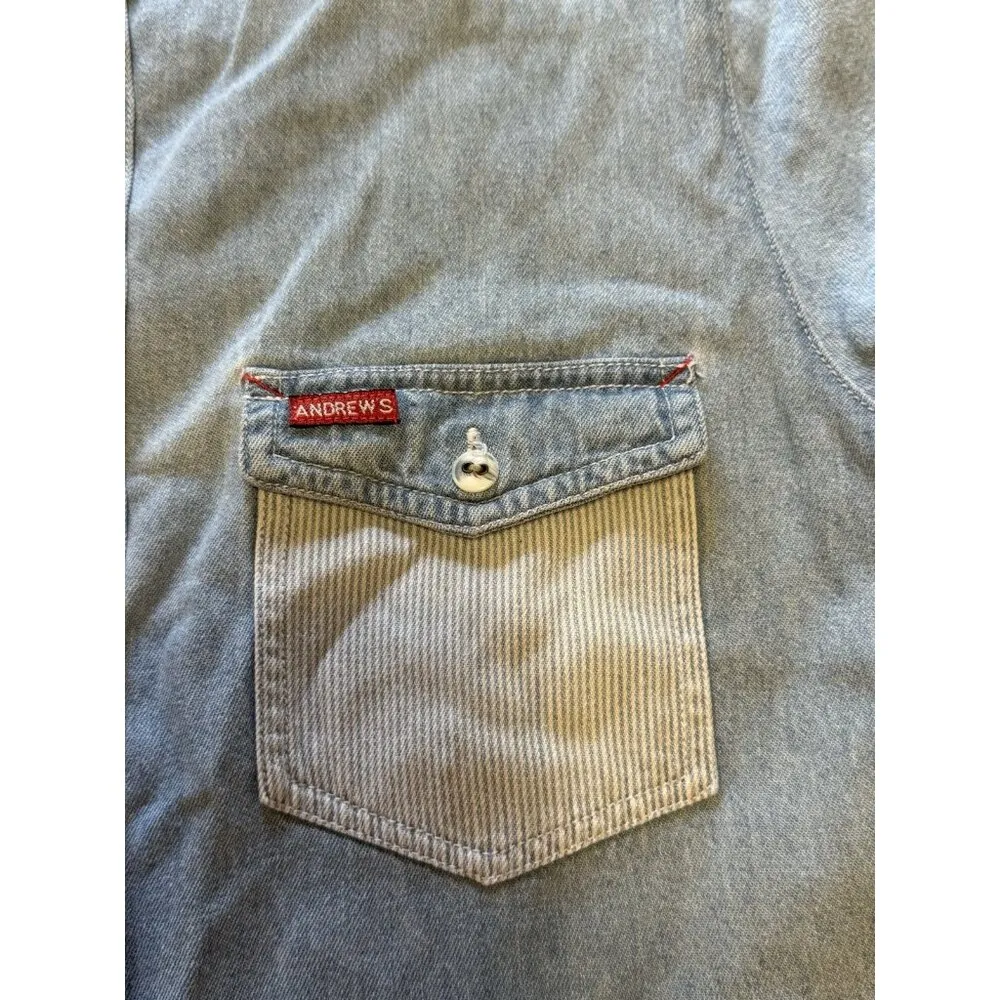 Andrew’s Blues Denim Size Medium Button Up Shirt Cotton Hippie Boho Short Sleeve Blue - Image 5