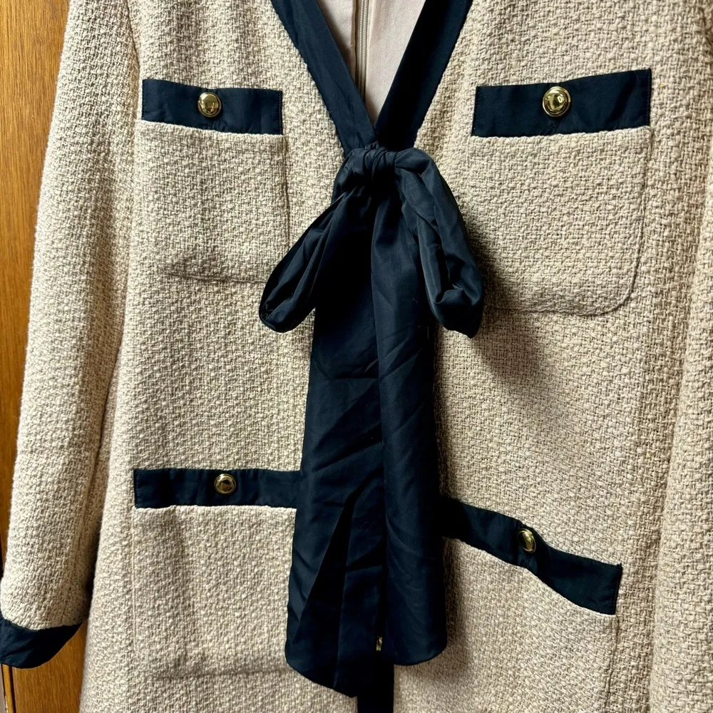 Pomander Place Tuckernuck Coco Tweed Bow Long Sleeve Mini Dress Tan Black XL - Image 9