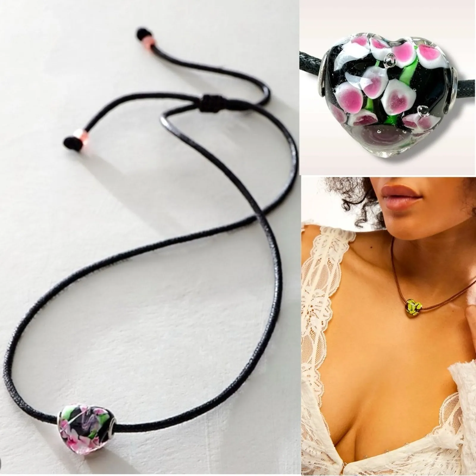Free People Sinatra Choker in Black Floral Bohemian Glass Pendant Necklace NWT - Image 2