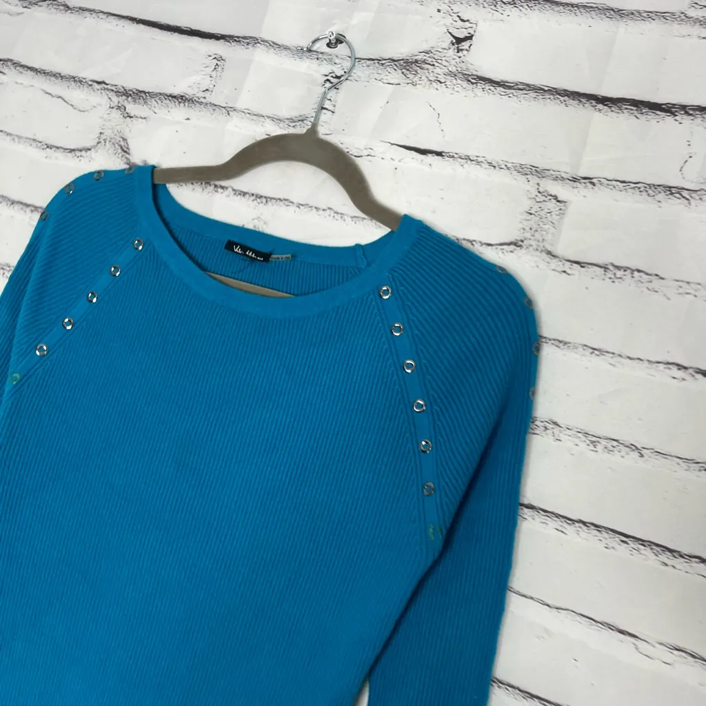 Vilce Milano Teal Ribbed Long Sleeve Pullover Top Women’s Small Stud Shoulder Blue - Image 7