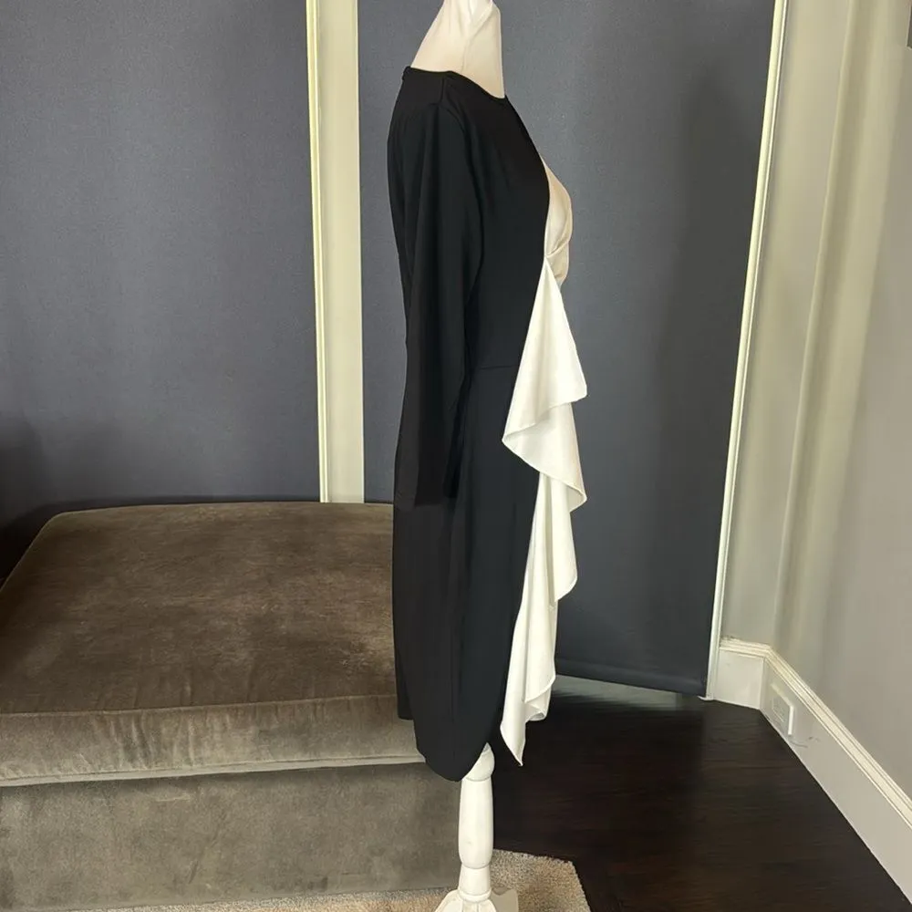 Womens Black & White Asymmetrical Ruffled Front Midi Dress 3/4 Sleeve Size L NEW Size L - Image 3