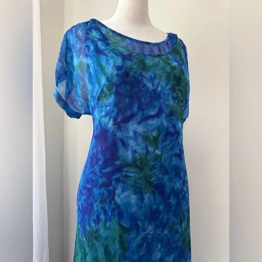 Vintage Y2K Kloz Lyne Royal Blue & Dark Green Abstract Print Layered Maxi Dress Size M - Image 4