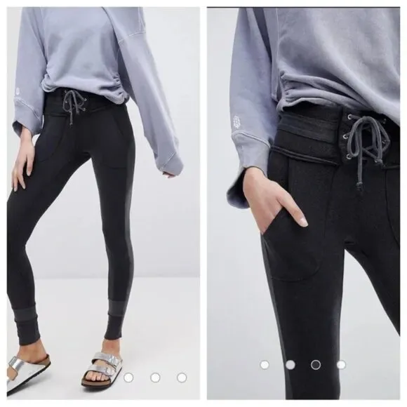 Free People Movement Bodhi French Terry Lace Up Leggings Joggers Black Pants - Image 2