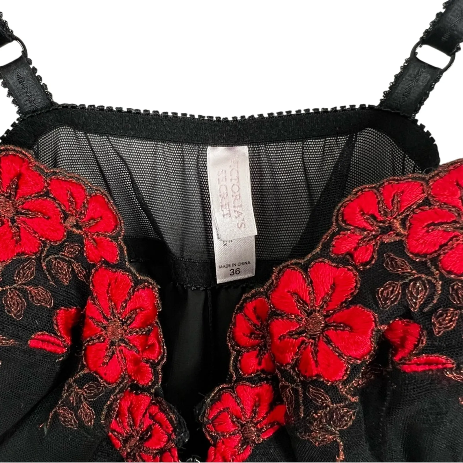 Victoria’s Secret Lace Embroidered Chiffon Chemise Nighty Black Red Sz 36 B/C - Image 3