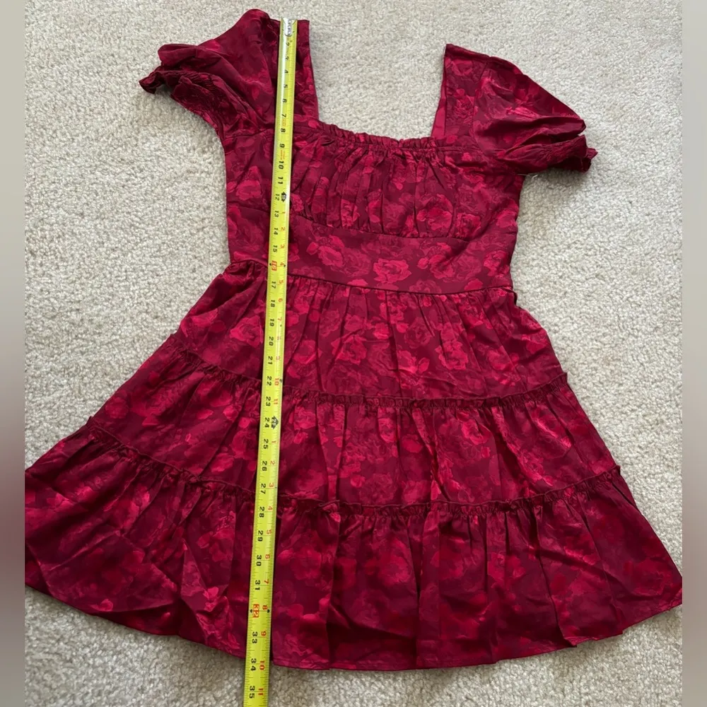 ROW A Dress Junior's L Red Floral Print Square Neck Fit & Flare Short Sleeves Size undefined - Image 10