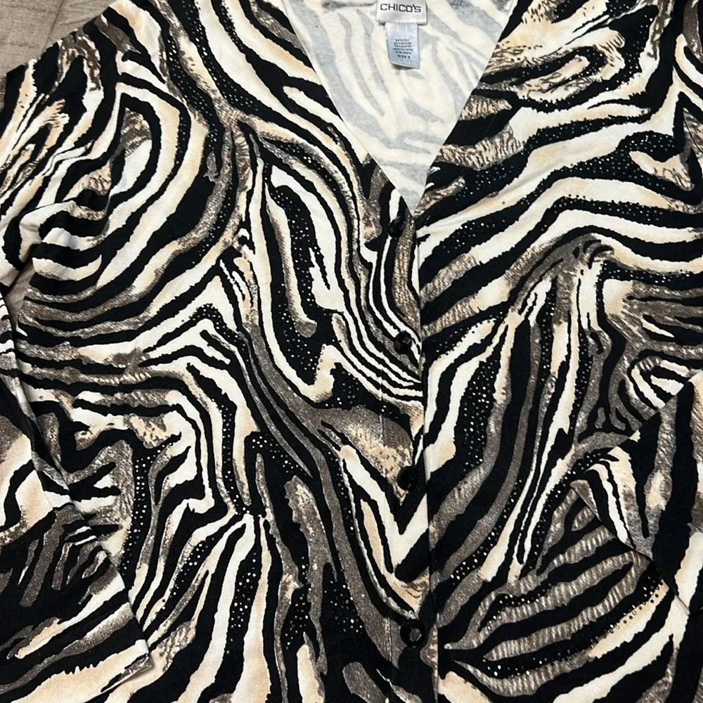Chicos Cardigan Womens Black Brown Zebra Button Up Rhinestones V Neck Size 3 - Image 3