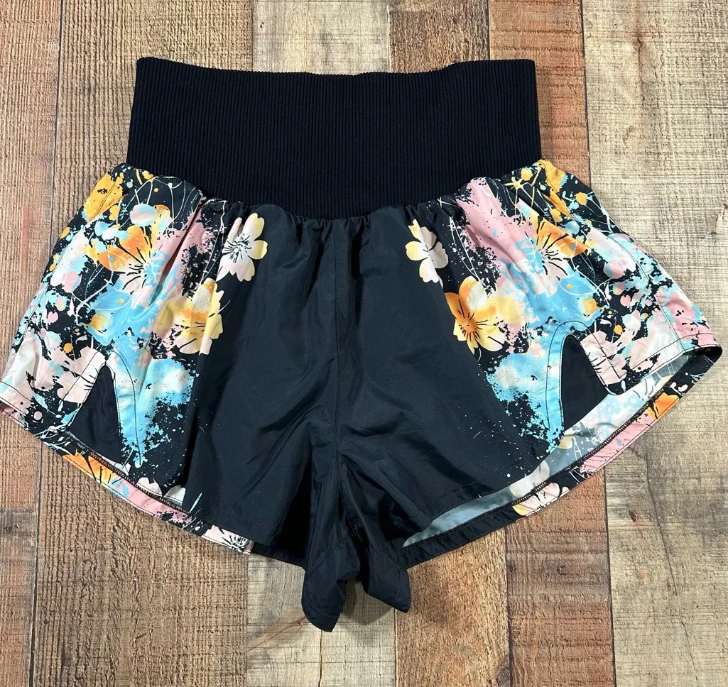 Free People Movement Floral Black High Waist Running Shorts Medium FP Active - Image 1