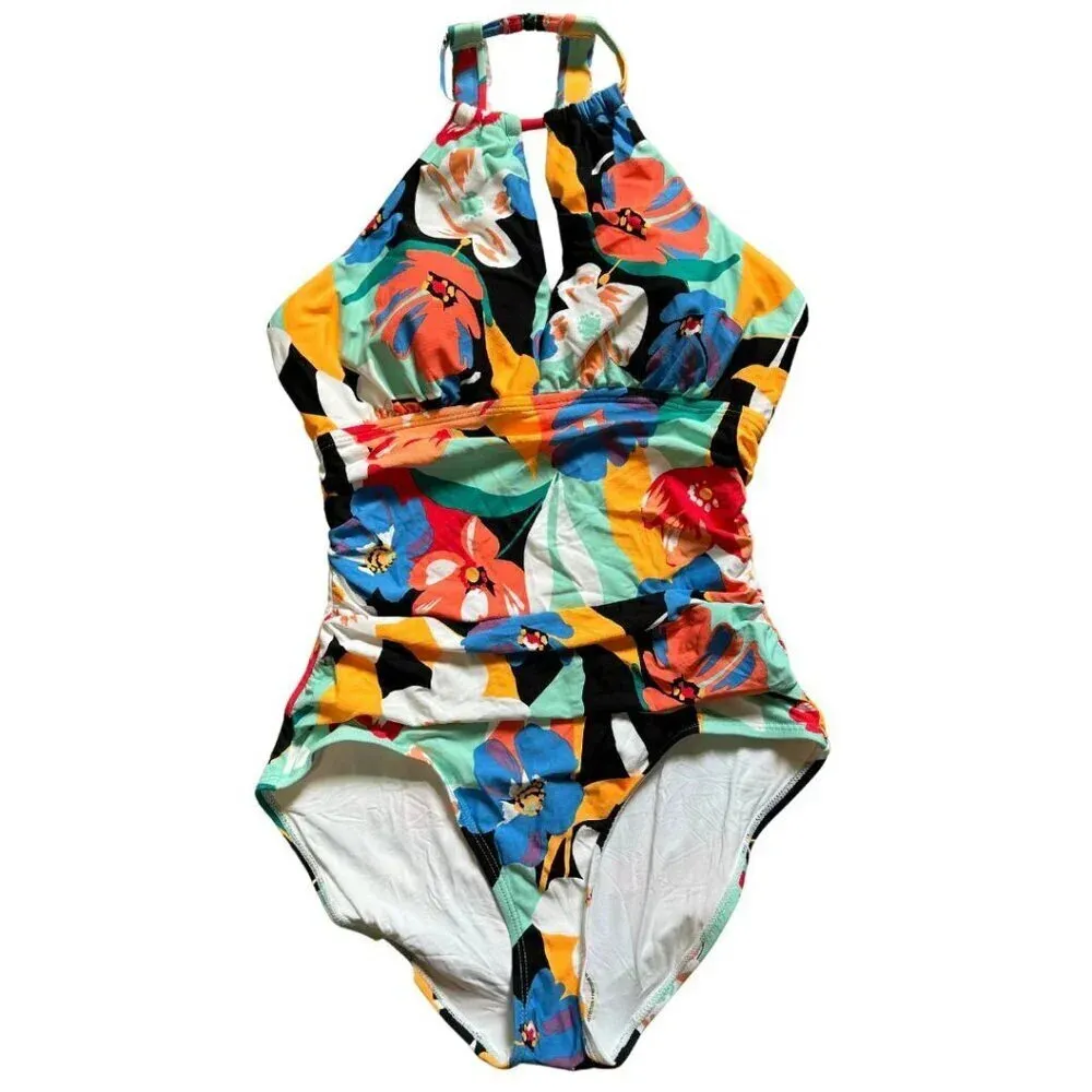 ANNE COLE High Neck Keyhole Ruched Floral One-Piece Bathing Swim Suit NWT 8 - Image 2