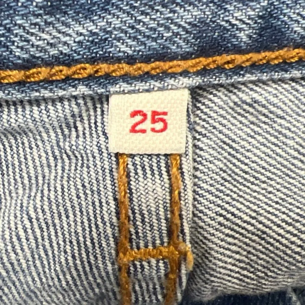 Levi's Blue Medium Wash Mid Rise Distressed Frayed Raw Hem Denim Jeans Shorts 25 - Image 4