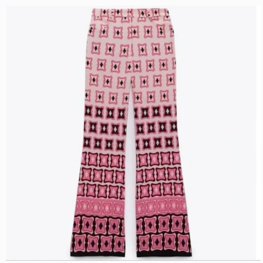 Zara Pants Flared Geometric Pink High Waist NWOT S Retro Party Resort Chic Glam - Image 13