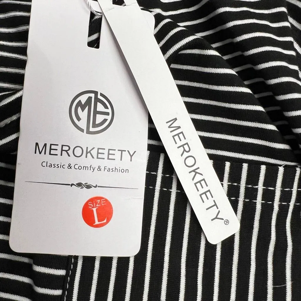 MEROKEETY 3/4 Sleeve Striped TShirt  Dress With Pockets Large Black White NEW - Image 9